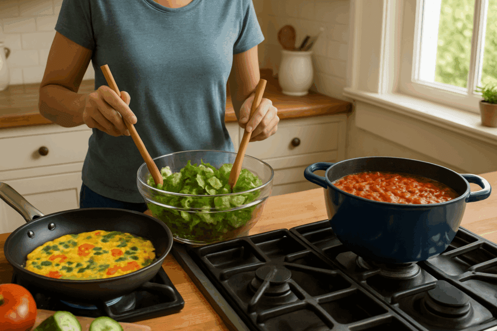 Person preparing healthy meals in a cozy kitchen with vegetable omelet, fresh salad, and turkey chili, showing what to eat for weight loss.