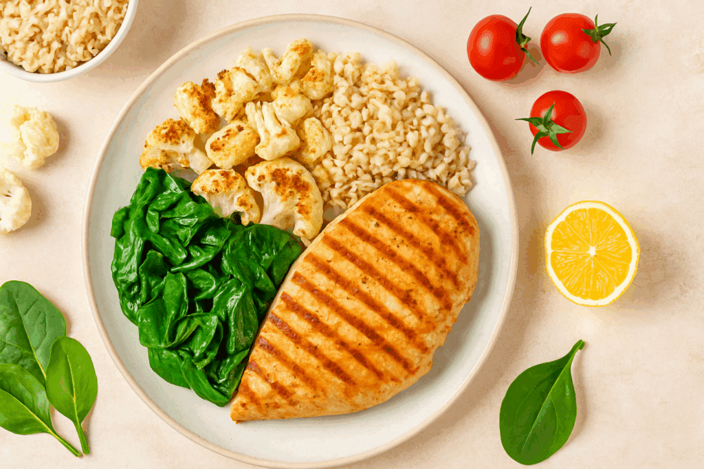 Grilled turkey breast, sautéed spinach, roasted cauliflower, and brown rice on a plate showing What to Eat for Weight Loss.