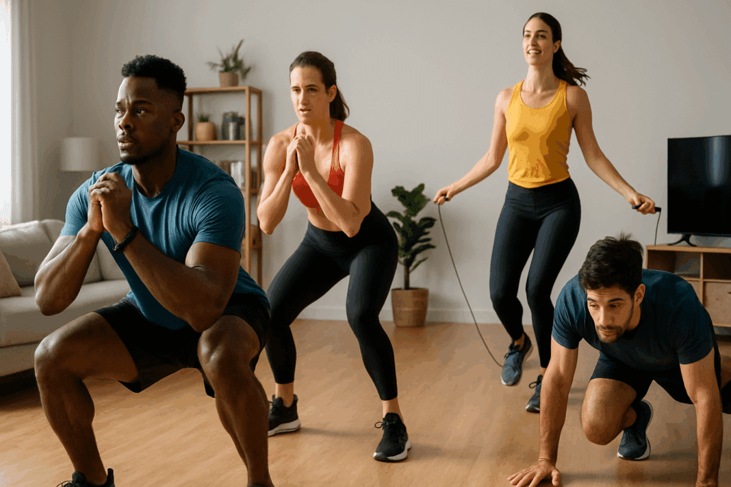 Diverse group of adults doing Top Doctor-Approved Workouts to Burn Belly Fat at Home, including squats, mountain climbers, and jump rope in a bright living room.