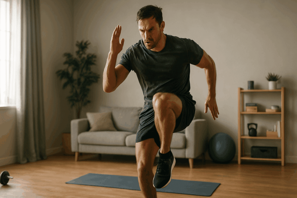 Fit man doing high knees in a living room during a HIIT workout, illustrating Top Doctor-Approved Workouts to Burn Belly Fat at Home.