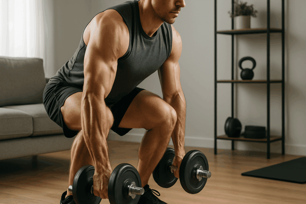 Strong man performing a dumbbell deadlift during a home workout, demonstrating one of the Top Doctor-Approved Workouts to Burn Belly Fat at Home