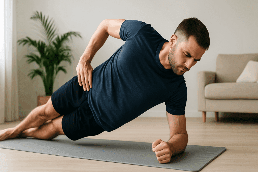 Man holding a side plank at home to strengthen core muscles, part of Top Doctor-Approved Workouts to Burn Belly Fat at Home