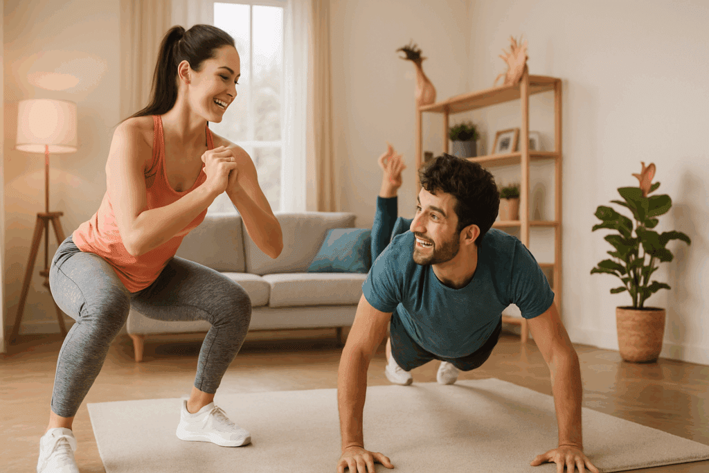 Couple performing bodyweight exercises in a bright living room as part of Top Doctor-Approved Workouts to Burn Belly Fat at Home