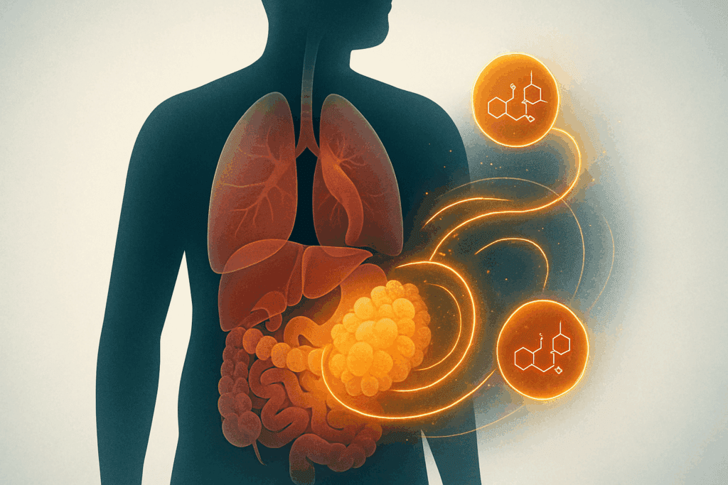 Human silhouette with glowing internal organs and abstract cortisol graphics illustrating belly fat buildup, concept for Top Doctor-Approved Workouts to Burn Belly Fat at Home