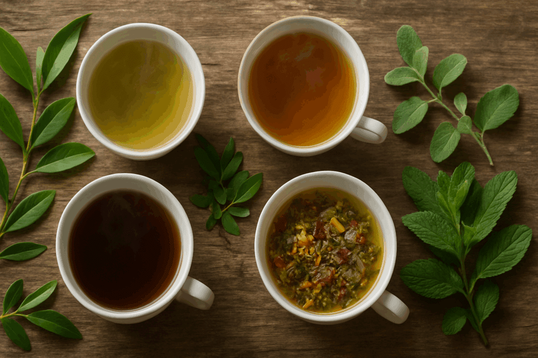 Best Teas for Weight Loss arranged in porcelain teacups, showcasing green, oolong, black, and herbal teas with fresh leaves on a rustic wooden surface. The image highlights the calming, natural appeal of these teas, perfect for those seeking weight loss benefits through healthy beverage choices.