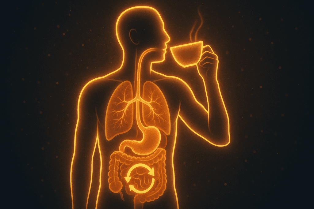 Glowing human silhouette with highlighted digestive and metabolic systems while drinking tea, representing how tea influences metabolism, fat oxidation, and satiety. Ideal visual for the Best Teas for Weight Loss.