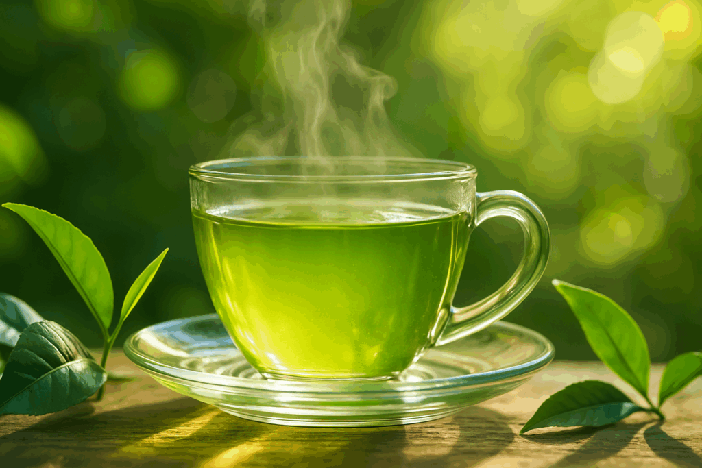 Close-up of a vibrant glass cup of green tea surrounded by fresh tea leaves, evoking health and freshness, showcasing one of the best teas for weight loss in a natural outdoor setting with sunlight filtering through.