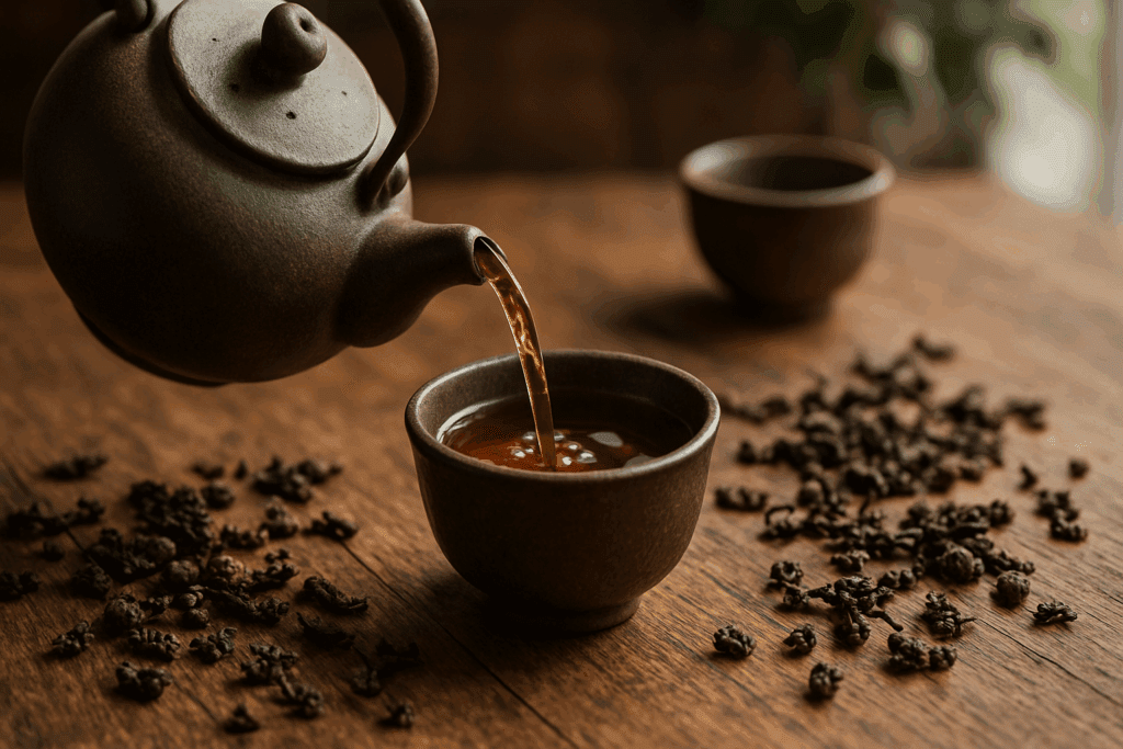 Traditional Yixing teapot pouring amber oolong tea into a matching teacup on a wooden table, surrounded by scattered oolong tea leaves, showcasing the serene and authentic ritual of enjoying the Best Teas for Weight Loss.