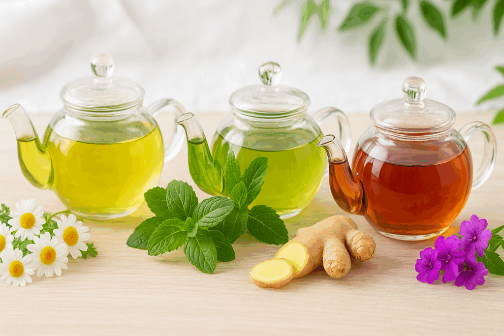 Best teas for weight loss displayed in glass teapots, featuring chamomile, peppermint, ginger, and rooibos, with fresh herbs and flowers for appetite control and digestive support.