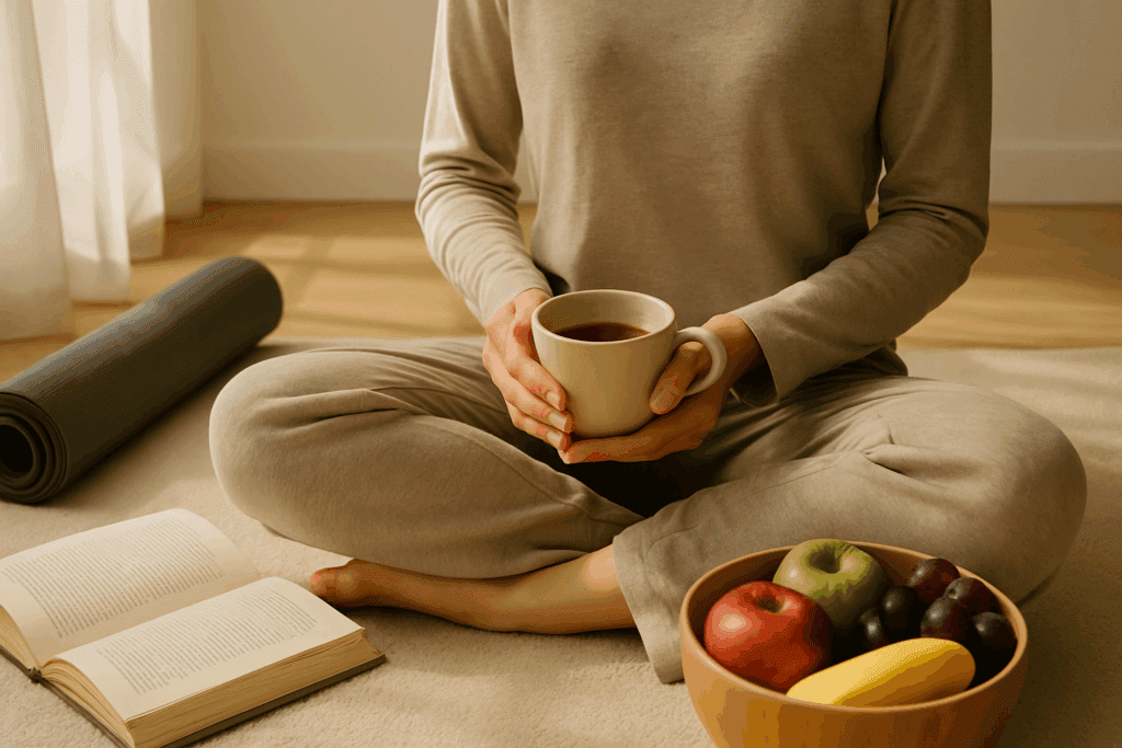 Person sitting cross-legged with a cup of tea, surrounded by a yoga mat, book, and fresh fruits, highlighting a peaceful morning for a healthy lifestyle, ideal for exploring the best teas for weight loss.