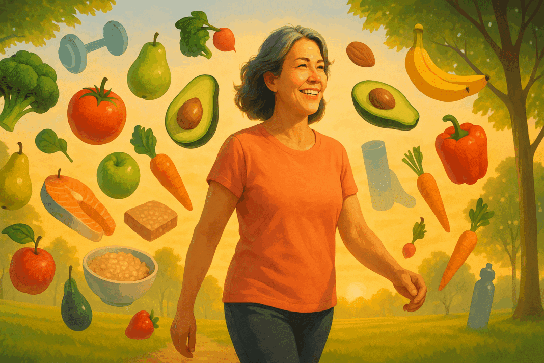 Early 50s woman walking at sunrise surrounded by floating healthy foods and fitness gear – Best Diet for Women Over 50