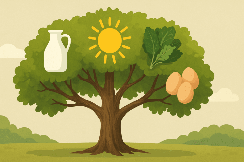 Tree with milk jug for calcium, sun for vitamin D, greens for magnesium, eggs for B12 for the Best Diet for Women Over 50