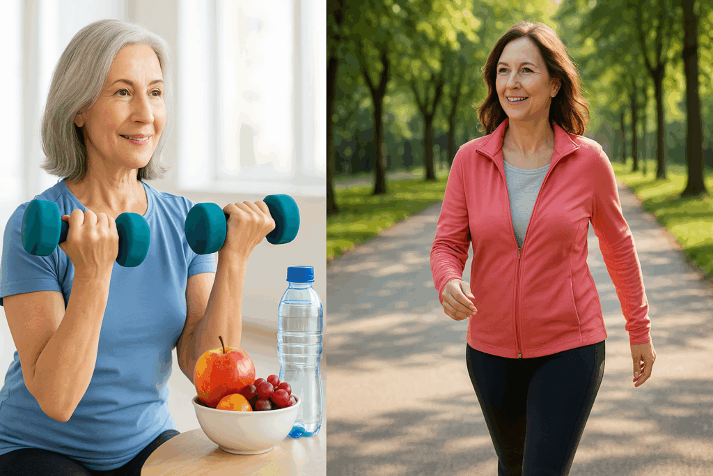 Woman lifting dumbbells beside woman walking on a tree-lined path with water bottle and fruit — Best Diet for Women Over 50