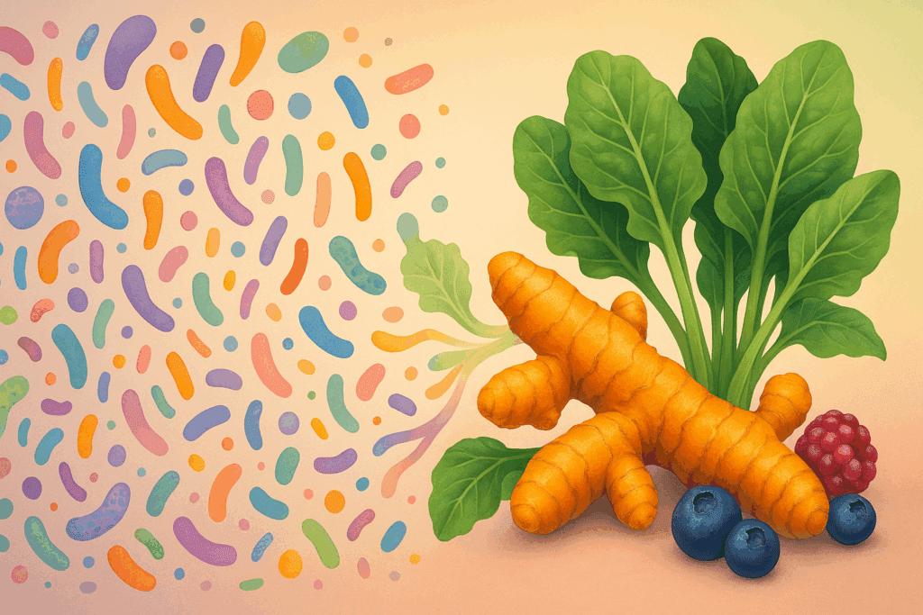 Gut microbiome flowing into turmeric, leafy greens, and berries on gradient background showcasing Best Diet for Women Over 50