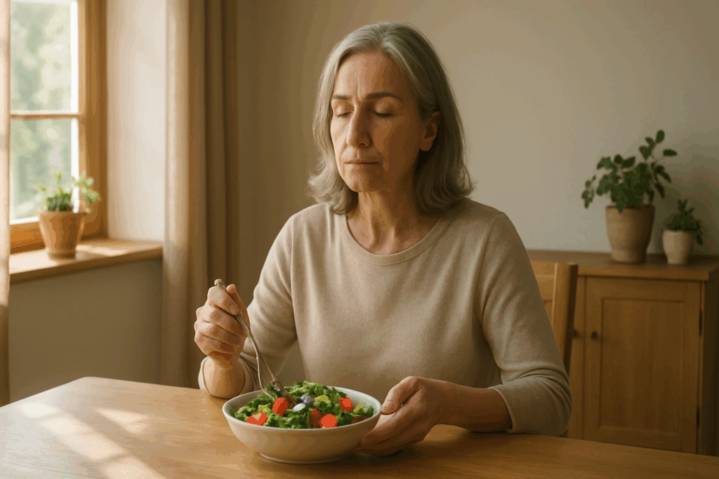 Woman in her fifties in sunlit dining room, eyes closed, mindfully eating a colorful salad for the Best Diet for Women Over 50