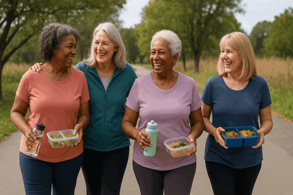Women over 50 walking together on a trail with healthy meals and water bottles, showcasing the Best Diet for Women Over 50.