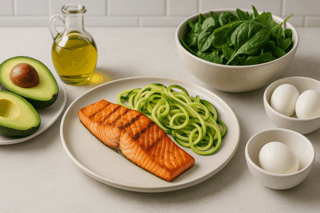Grilled salmon, avocado halves, zucchini noodles, leafy greens, eggs, and olive oil arranged on a kitchen table, showing what can you eat on the keto diet.