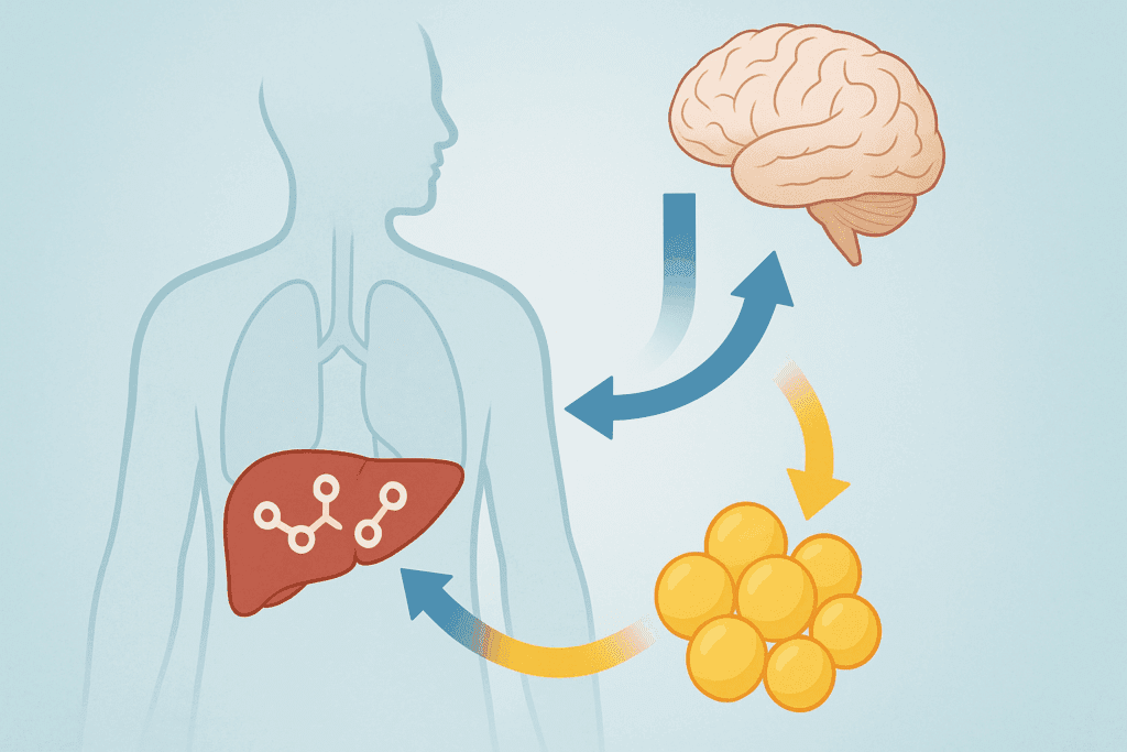 Medical-style illustration showing how the body uses fat for fuel and produces ketones, explaining what can you eat on the keto diet.
