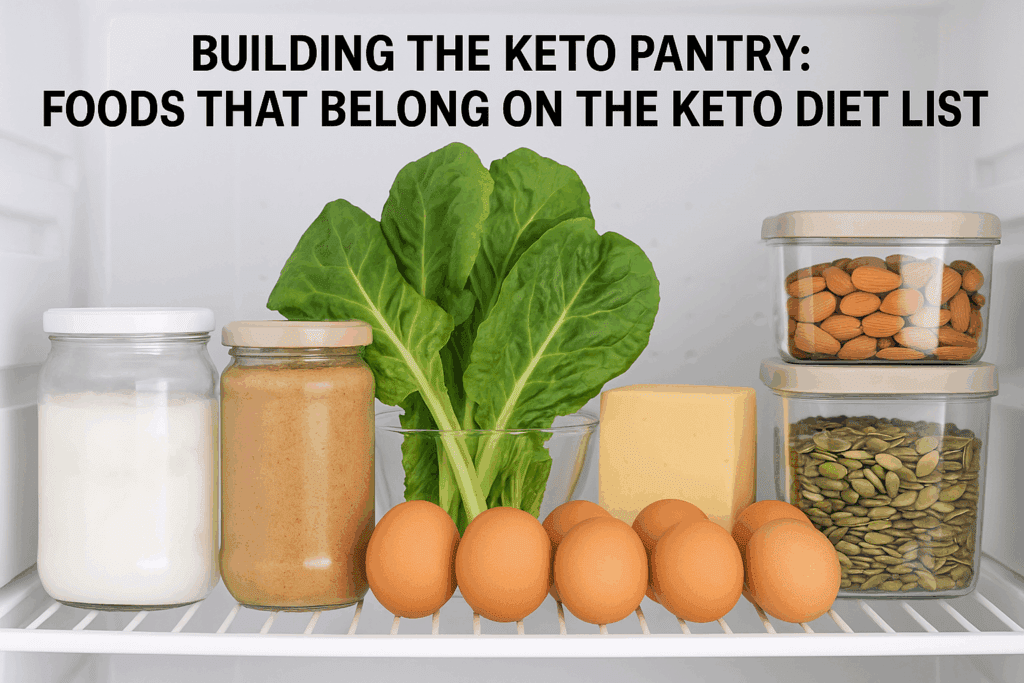 Modern refrigerator shelf stocked with coconut oil, almond butter, leafy greens, cheese, eggs, nuts, and seeds illustrating what can you eat on the keto diet.