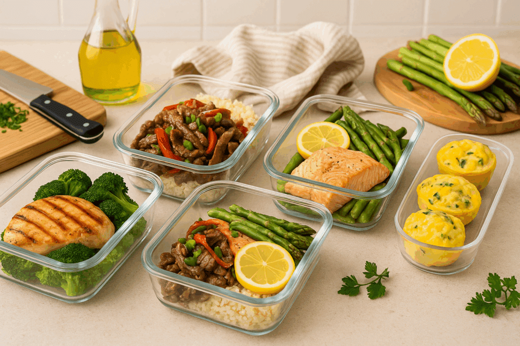 Meal prep containers with grilled chicken and broccoli, beef stir-fry with cauliflower rice, salmon with asparagus, and egg muffins illustrating what can you eat on the keto diet.