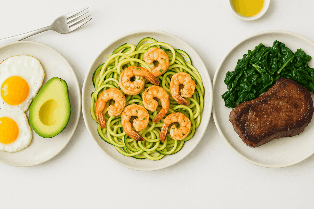 Overhead view of three keto meals showing what can you eat on the keto diet: eggs with avocado for breakfast, zucchini noodles with shrimp for lunch, and steak with sautéed greens for dinner.