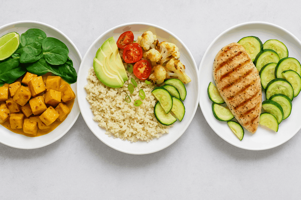 Three keto-friendly meals illustrating what can you eat on the keto diet, including coconut curry tofu with spinach, a cauliflower rice bowl with avocado, and grilled chicken with zucchini.