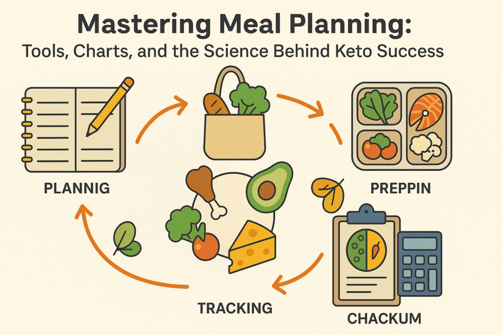 Circular infographic showing steps for keto meal planning including planning, shopping, prepping, and tracking macros, illustrating what can you eat on the keto diet with icons of avocado, cheese, chicken, leafy greens, and salmon.