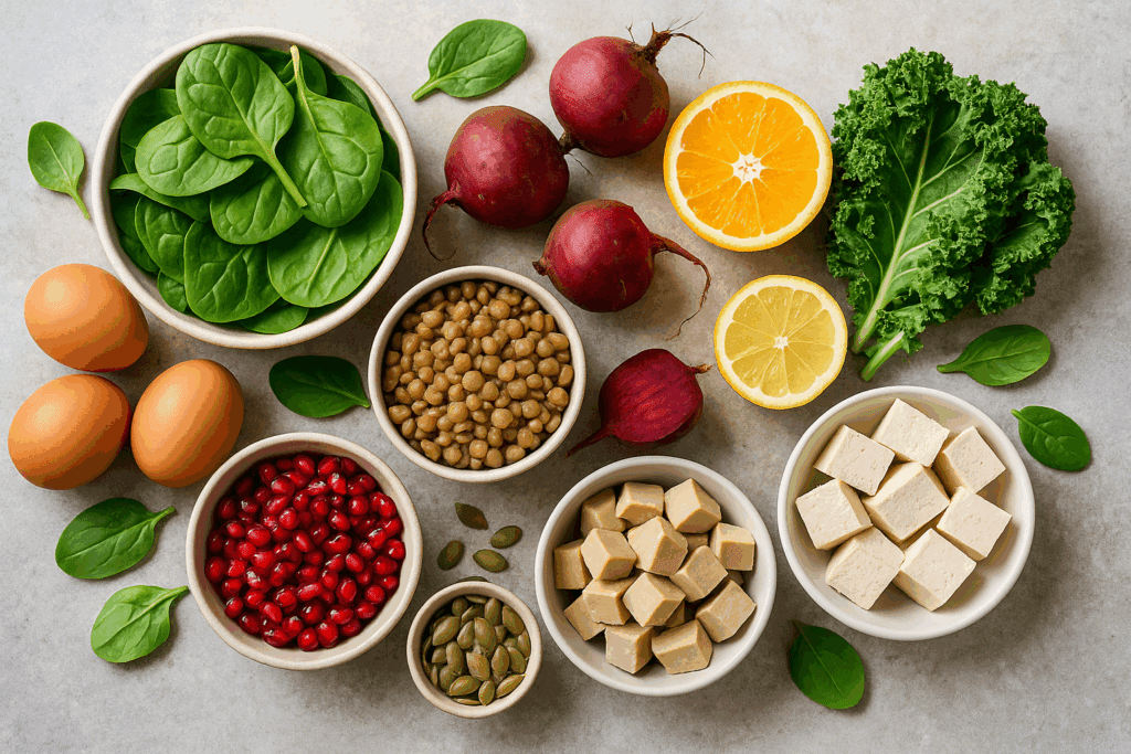 "A vibrant kitchen scene with natural lighting, featuring a rustic wooden table filled with healthy snacks like nuts, sliced fruits, veggie sticks with hummus, and smoothies in glass cups, creating a warm and inviting atmosphere."