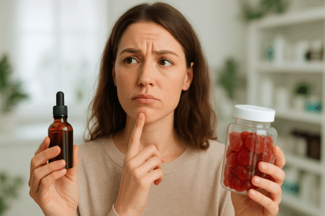 Thoughtful woman comparing keto drops and gummies in a health-focused setting, symbolizing Keto Side Effects for Women.