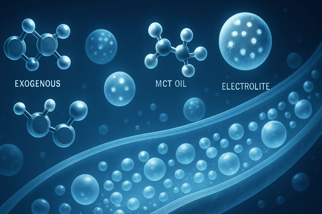 Scientific illustration of exogenous ketones, MCT oil, and electrolytes entering the bloodstream, related to Keto Side Effects for Women