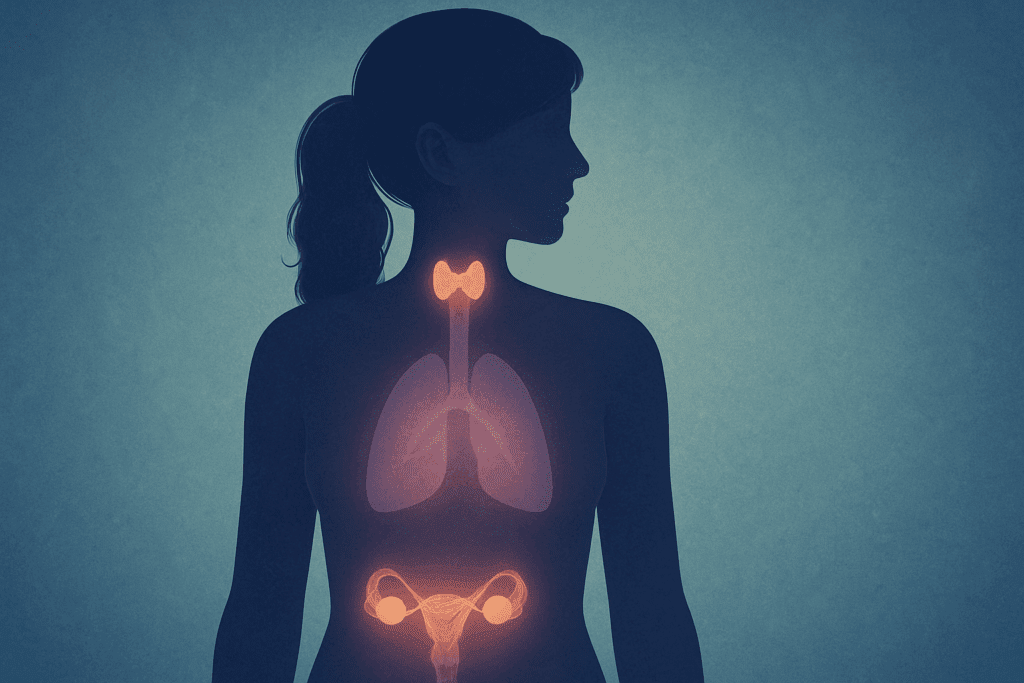 Silhouette of a woman with glowing thyroid, ovaries, and adrenal glands illustrating hormonal complexity linked to Keto Side Effects for Women