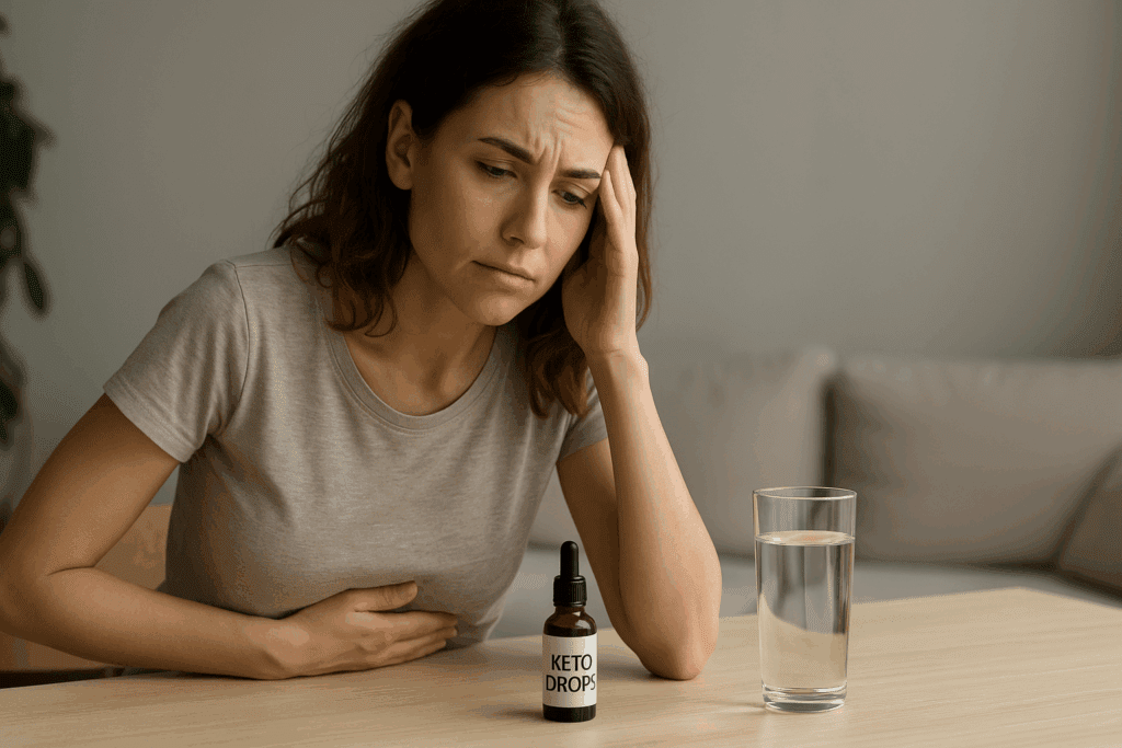 Woman holding her stomach and looking fatigued at a table with keto drops and water, illustrating keto side effects for women