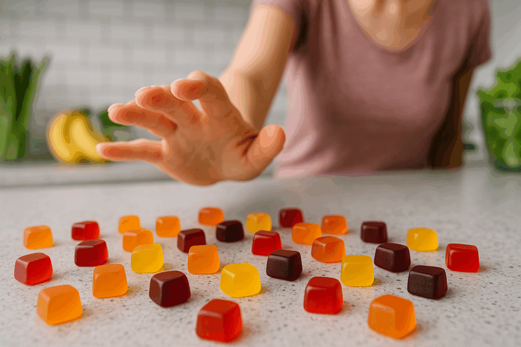 Woman hesitating to pick up colorful keto gummies on kitchen counter, symbolizing potential Keto Side Effects for Women.