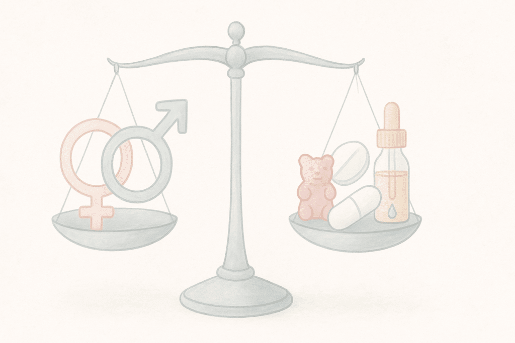 Balance scale showing estrogen and progesterone symbols on one side and keto supplements on the other, illustrating Keto Side Effects for Women.
