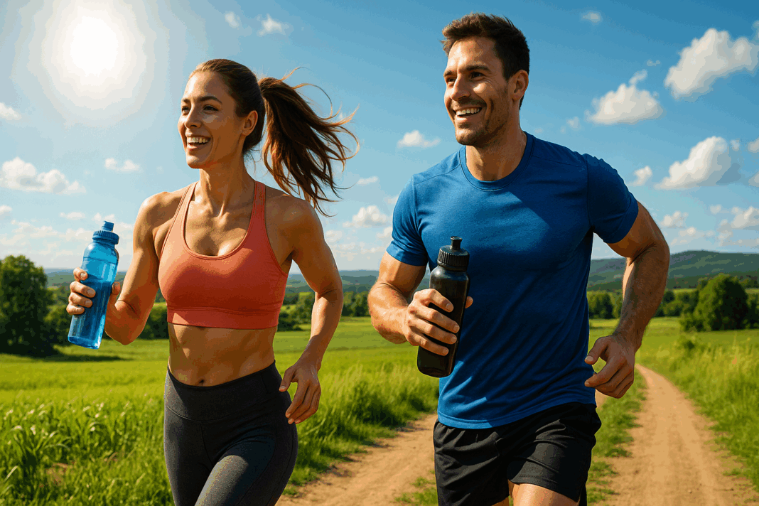Fit man and woman running outdoors on a sunny day with water bottles, showing how to fuel your workout on a keto diet.