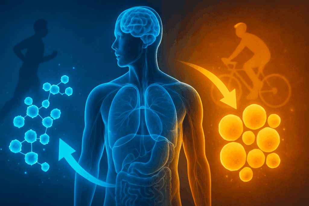 Human body transitioning from glucose to fat metabolism with runner and cyclist silhouettes, illustrating how to fuel your workout on a keto diet.