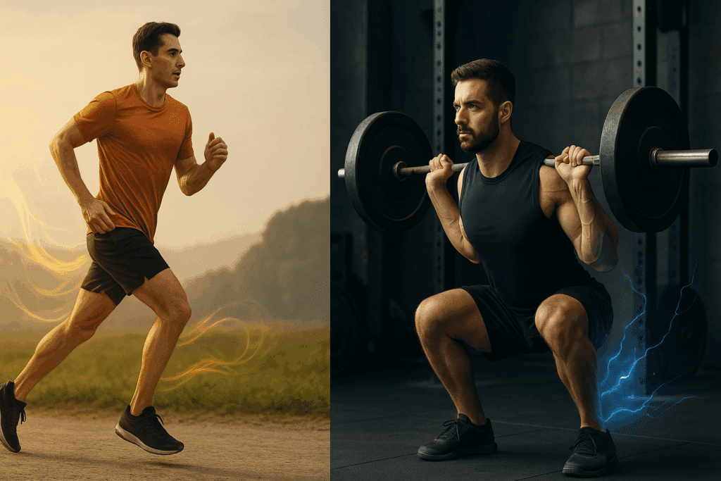 Athlete running outdoors with golden energy waves and another lifting weights indoors with blue energy, showing how to fuel your workout on a keto diet