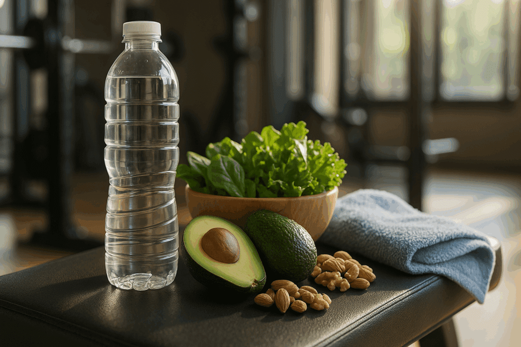 Clear water bottle, avocados, leafy greens, and nuts on a gym bench showing how to fuel your workout on a keto diet