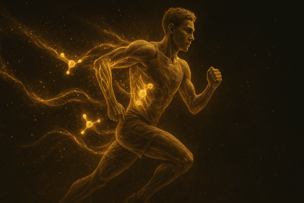 Golden ketone particles energizing a muscular runner mid-stride, symbolizing how to fuel your workout on a keto diet