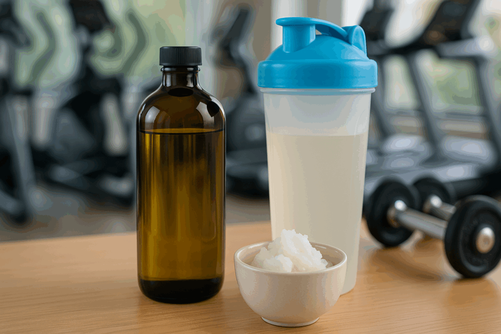 Keto pre-workout setup with MCT oil, coconut oil, and a shaker bottle in a gym, showing how to fuel your workout on a keto diet