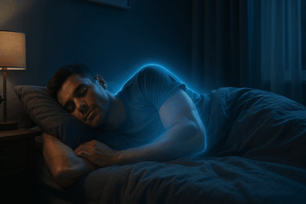 Athletic man sleeping peacefully in a dark bedroom with a soft blue glow around his body, symbolizing muscle recovery and how to fuel your workout on a keto diet through restful sleep.