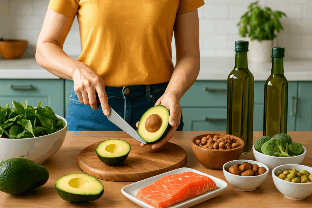 Person slicing avocado on a kitchen counter surrounded by keto diet meal prep ingredients like salmon, leafy greens, and olive oil.