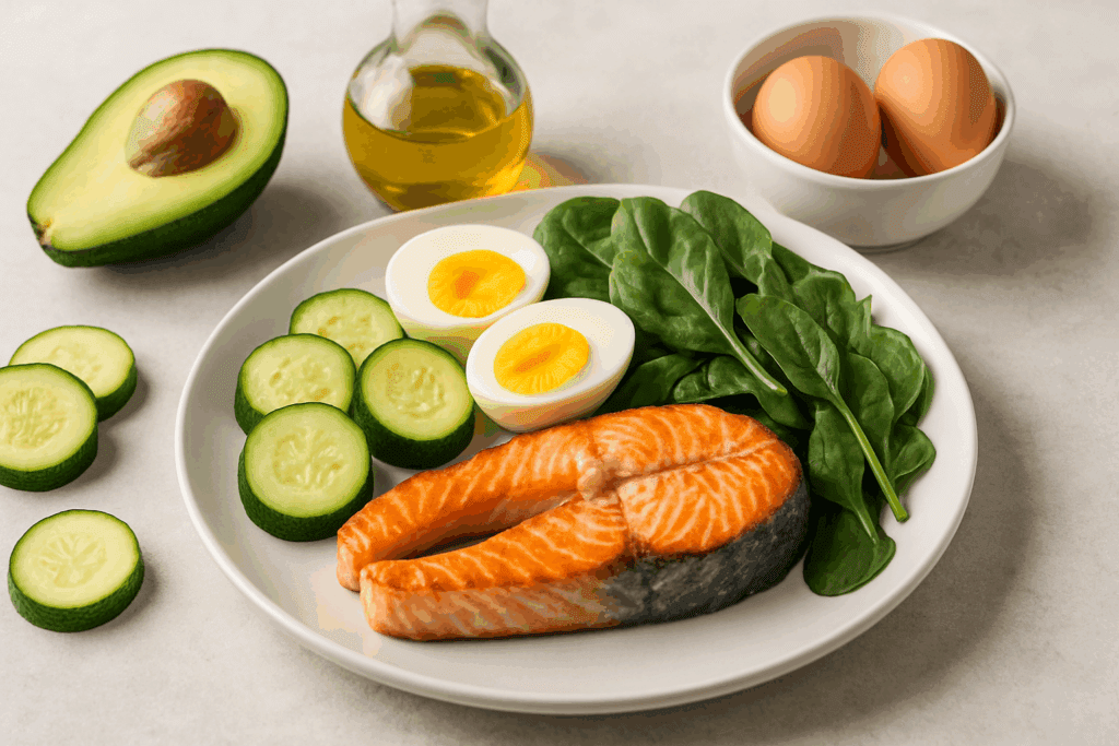 Plate of grilled salmon, boiled eggs, avocado, spinach, and zucchini arranged for a fresh and balanced keto diet meal prep.