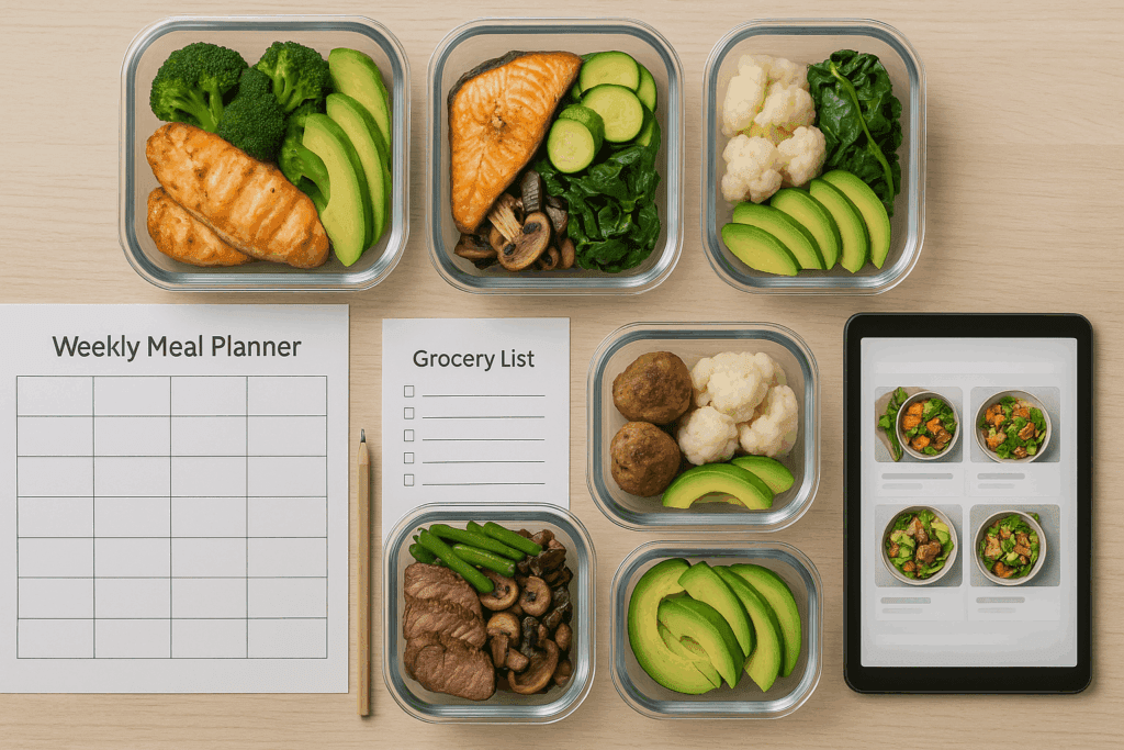 Top-down view of a keto diet meal prep setup with portioned containers of meat, vegetables, and healthy fats beside a grocery list, meal planner, and digital tablet.