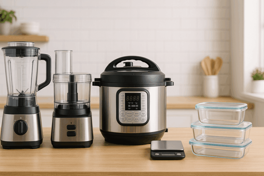 Essential kitchen tools for keto diet meal prep including a blender, food processor, instant pot, scale, and glass containers on a clean counter.