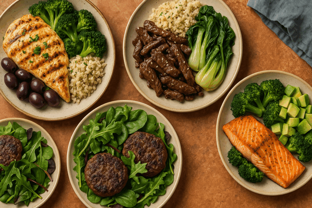 Colorful keto diet meal prep with Mediterranean grilled chicken, Asian beef and bok choy, and bunless burgers on greens