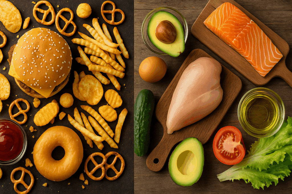 Side-by-side comparison of junk food and fresh ingredients used in keto diet meal prep, including salmon, avocado, and leafy greens