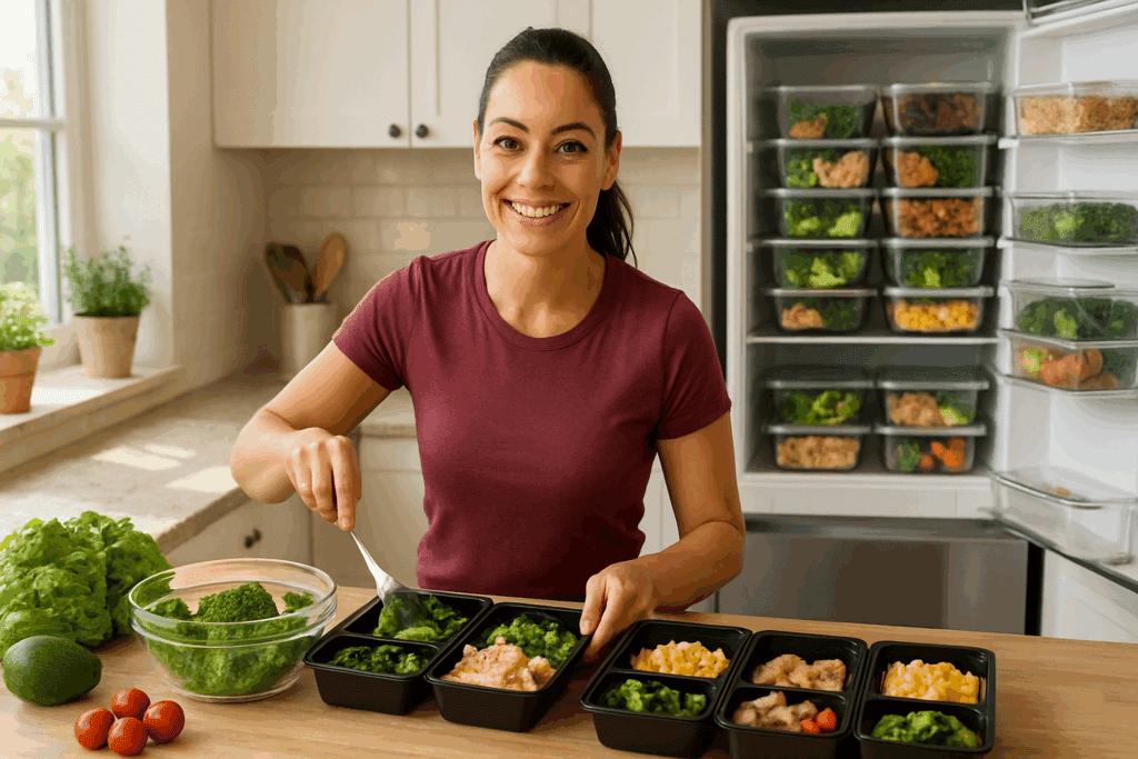 Woman smiling while doing keto diet meal prep in a bright kitchen with organized containers in an open fridge