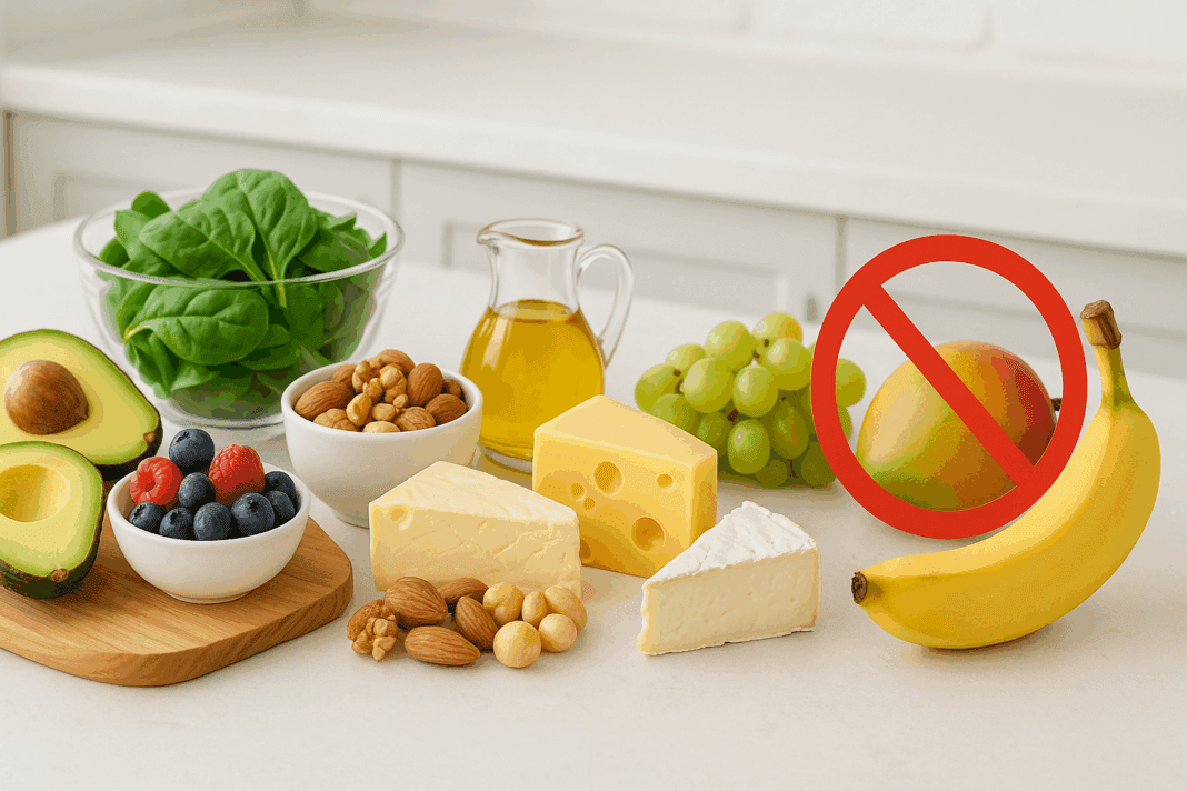 Low-carb keto food spread with avocados, leafy greens, nuts, and cheeses beside high-sugar keto fruits to avoid like bananas, grapes, and mangoes.