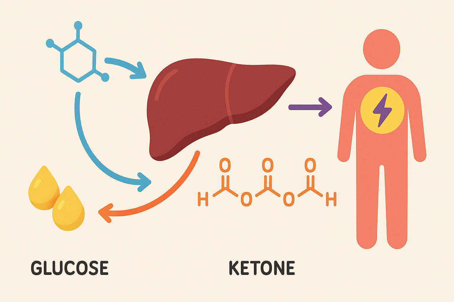 Scientific diagram showing liver metabolism pathways of glucose and ketones, illustrating fat breakdown in relation to keto fruits to avoid